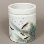 A Chinese Republican period porcelain brush pot Decorated with fish amongst aquatic plants,