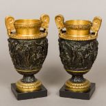 A pair of gilt and patinated bronze vases Each of classical form,