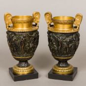 A pair of gilt and patinated bronze vases Each of classical form,