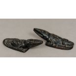 A pair of Indian ebonised terracotta scarafiers Worked as crocodiles. 16 cm long.