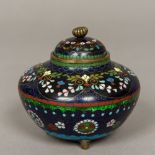 A Chinese cloisonne lidded vase Of squat circular form, standing on three squat feet,