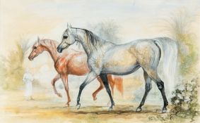 BENITA BAMMER (1938-1995) British (AR) Portrait of Two Arab Horses and Groom in