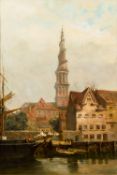 CONTINENTAL SCHOOL (19th century) Docks Before a Tower Oil on canvas, indistinctly signed, framed.