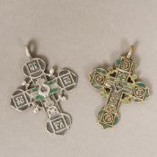 An antique Greek unmarked white metal cross Of typical form, with traces of coloured decoration,