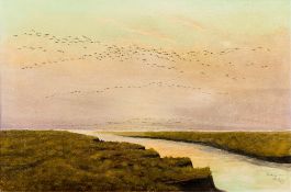 MACKENZIE THORPE (1908-1976) British (AR) Geese in Flight Over the Marsh Oil on canvas,