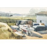 WILLIAM BARNES (born 1916) British Boatyard Watercolour, signed, framed and glazed. 31 x 21 cm.