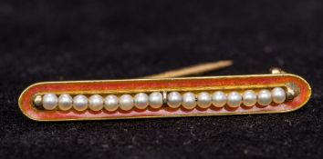 A Boucheron enamel and seed pearl set gold bar brooch Housed in original Boucheron plush lined box.