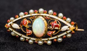 An unmarked gold opal, seed pearl and enamel brooch Of pierce navette form. 3.25 cm wide.