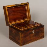 A George III line inlaid mahogany tea caddy, hallmarks indistinct,