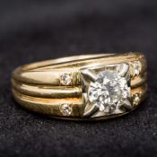 An unmarked gold and diamond ring The central diamond spreading to approximately 1 carat,