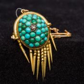 A Victorian unmarked gold, diamond and turquoise pendant/brooch Of domed form,