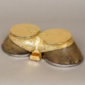 A Victorian silver gilt mounted double hoof inkwell, hallmarked London 1876,