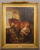 After SIR EDWIN LANDSEER (1802-1873) Shoeing the Bay Mare Oil on canvas, framed. 111 x 141 cm.