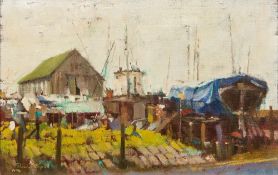 DENNIS SYRETT (born 1934) British (AR) Boatyard, Tollesbury Oil on canvas, signed and dated 1996,