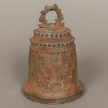 An Eastern, possibly Tibetan, patinated bronze bell Of typical domed form,