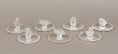 Three pairs of Lalique glass bird mounted pin trays Together with another, single,