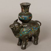 A Chinese antique archaistic style patinated bronze censor Modelled as a mythical beast with a vase