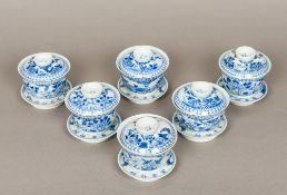 Six 19th century Chinese blue and white porcelain covered bowls on stands Each decorated in the