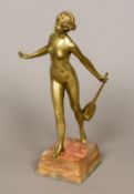 RENE-PAUL MARQUET (1875-1939) French An Art Deco Statue of a Nude Young Lady Holding a Lute Gilt