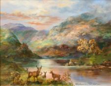 PRUDENCE TURNER (born 1930) British (AR) Highland Cattle and Deer Watering in Highland Landscapes