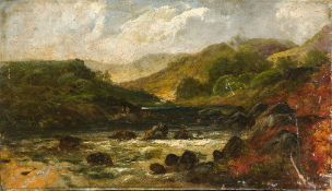 Attributed to WILLIAM CALLOW (1812-1908) British Waterfall in Wales Oil on board,