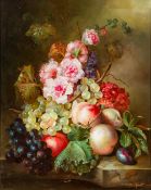 DECORATIVE SCHOOL (20th/21st century) Still Life of Flowers and Fruit on a Shelf Oil on board,