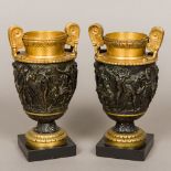 A pair of gilt and patinated bronze vase