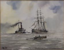 PETER TOMS (born 1940) British, Barque taking Steam, watercolour, signed, framed and glazed,