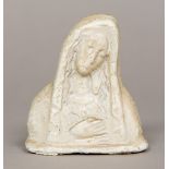 An antique terracotta bust of the Virgin Mary, with allover creamy glaze. 7 cm high.