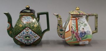 Two chinoiserie decorated Mason's Ironstone baluster square section teapots and covers,