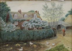 ENGLISH SCHOOL (early 20th century) Ducks and Ducklings in a Ford before a Red Brick Farmhouse a
