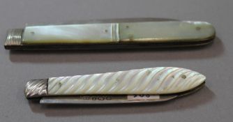 Two silver and mother-of-pearl folding knives