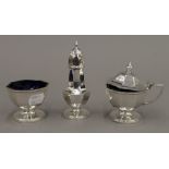 A silver three piece cruet set, Birmingham 1937 (5.