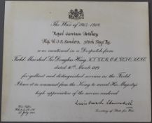 A Mentioned in Dispatches Certificate from the War Office, dated 1919, signed by Winston Churchill,