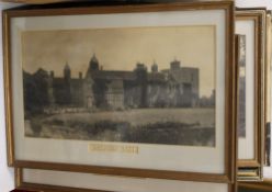 A box of various pictures, including framed photographs of various Suffolk Stately Homes,