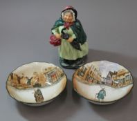 A Royal Doulton model of Sarey Gamp HN 2100 and two Dickens ware bowls