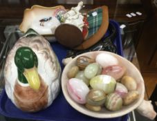 A Royal Worcester fruit painted bowl by K Blake, together with a duck tureen, mineral eggs, etc.