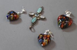 A suite of millefiori jewellery and a stone set silver cross