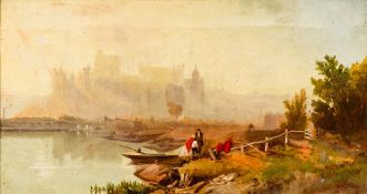 ROBERTS (19th century), Figures Alighting Before a Castle, oil on canvas, signed, inscribed Cobh,