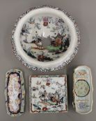 A Mason's Ironstone teapot stand, a washstand pot and cover,