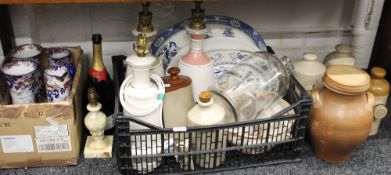 A quantity of miscellaneous china, glass, stoneware crock, foot warmers, etc.