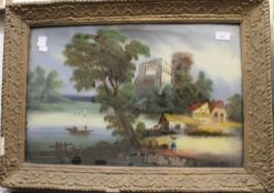 A Victorian Naive School Folk Art reverse glass painting of figures punting in a river landscape