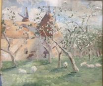 An early 20th century impression, Kent Orchard with Oast Houses Behind,