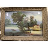 A Victorian Naive School Folk Art reverse glass painting of figures punting in a river landscape