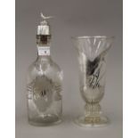 A vintage silver overlay bottle shaped 'Rye' decanter with a 925 'pheasant' stopper and a silver