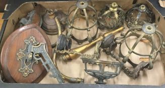 A box of various Victorian lamp parts/fittings,