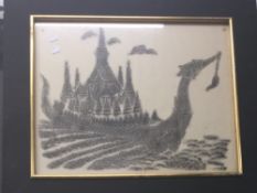 An Eastern rubbing of a Dragon Boat, framed and glazed,