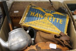 A box of miscellaneous, including: Tunbridgeware box, a near mint bakelite Kodak No.