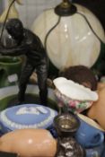 A box of miscellaneous including a loaded silver dwarf candlestick, resin golfer, ceramics, etc.