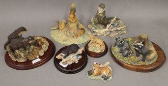 Seven Border Fine Arts resin groups, comprising: Otter (B0451), Lioness and Cub (WW21),